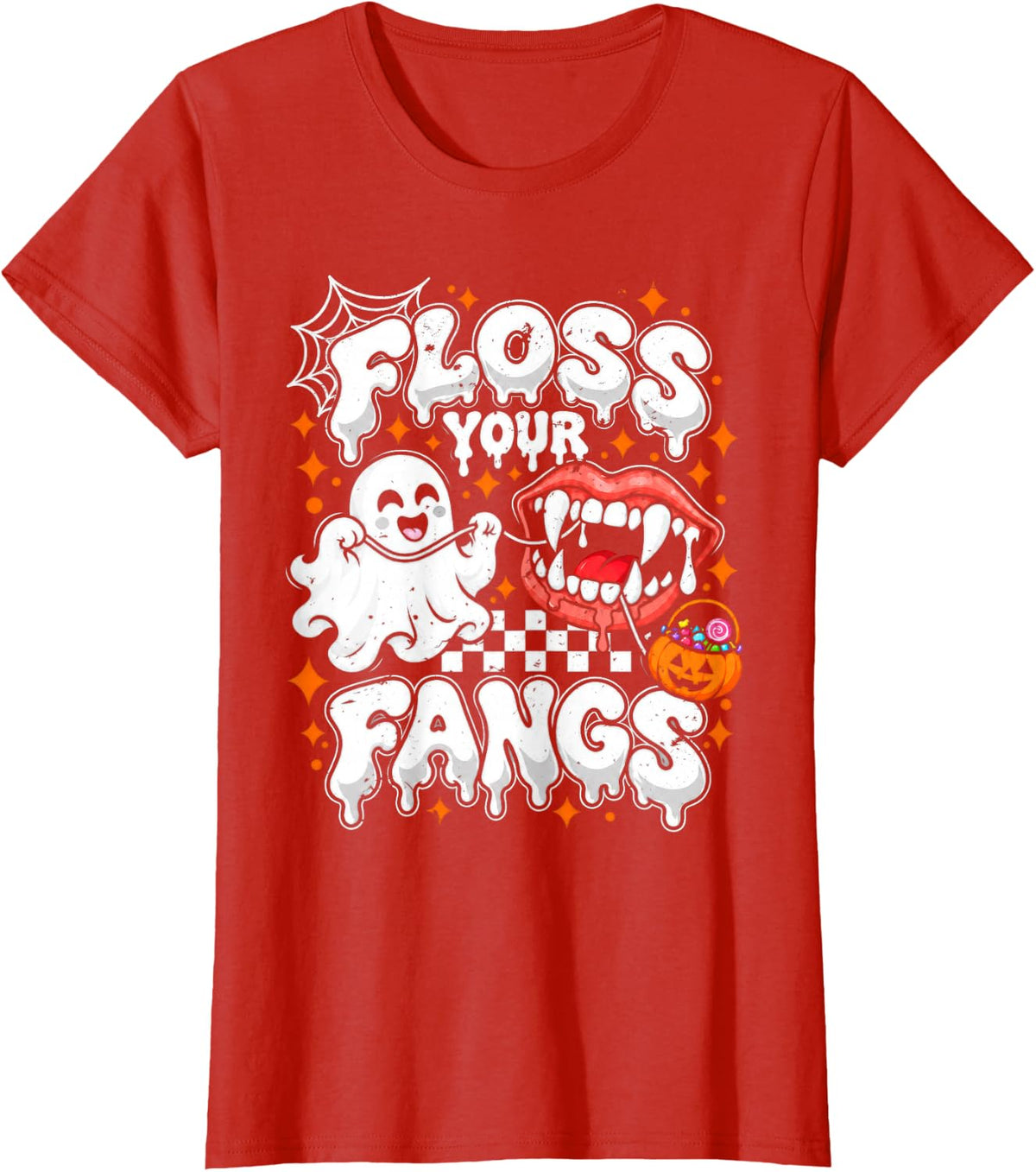Floss Your Fangs Ghost Dental Dentist Funny Halloween T-Shirt - Red