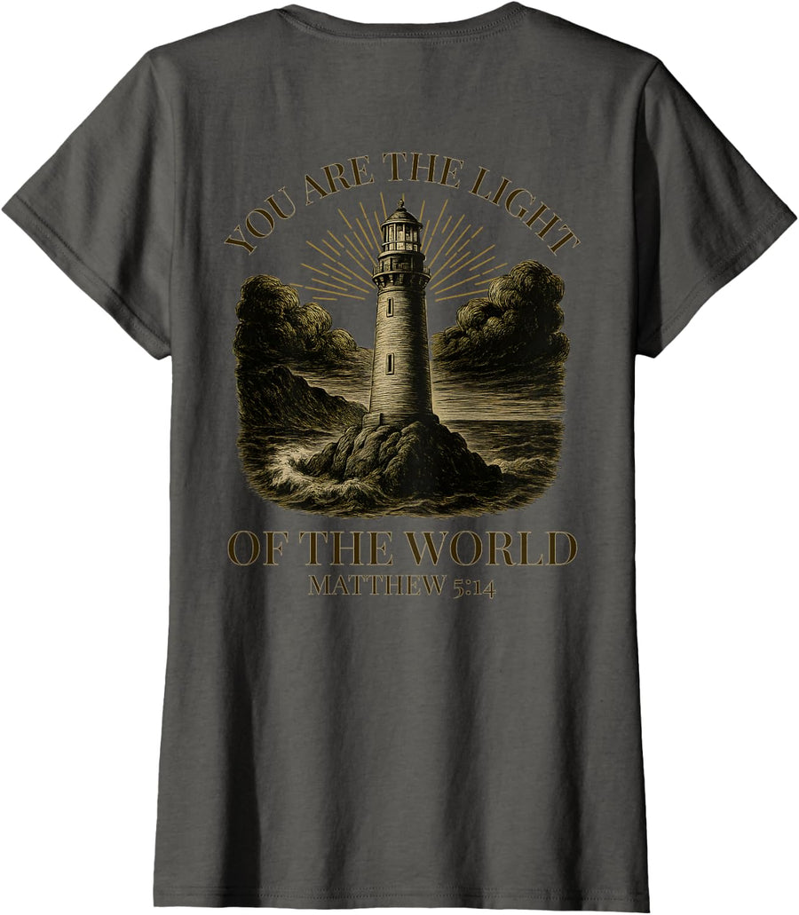 (ON BACK) You Are The Light Matthew 5 14 Lighthouse Faith T-Shirt - Asphalt Grey
