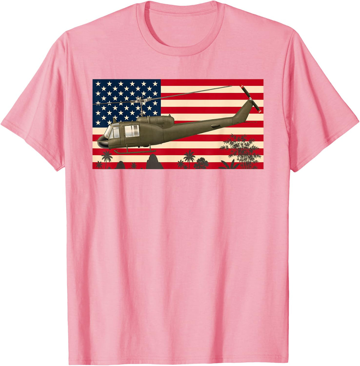 UH-1 Huey Helicopter Vietnam War American Flag T-Shirt - Pink