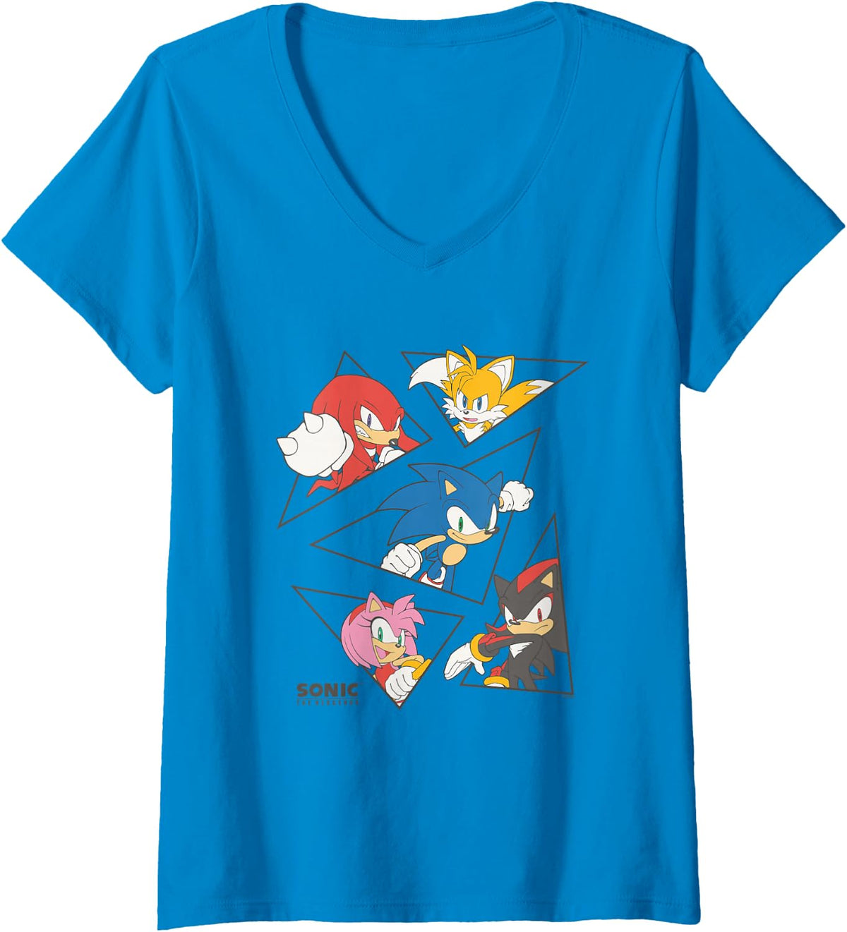 Womens Sonic The Hedgehog Main Characters Triangle Portraits Retro V-Neck T-Shirt - Sapphire Blue