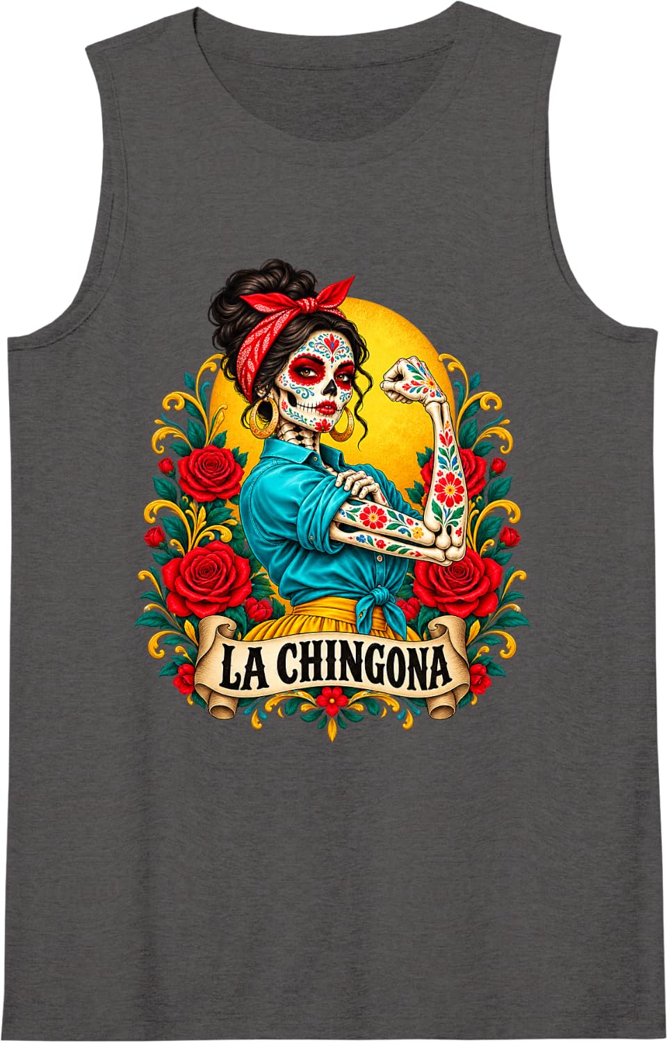 Women's La Chingona Sugar Skull Latina Power Spanish Slang Sleeveless Tank Top - Dark Heather Grey