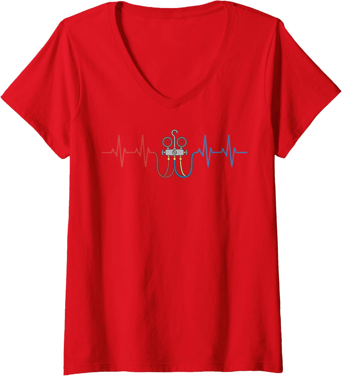 Women's Heartbeat HVAC Technician Tech Installer V-Neck T-Shirt - Red