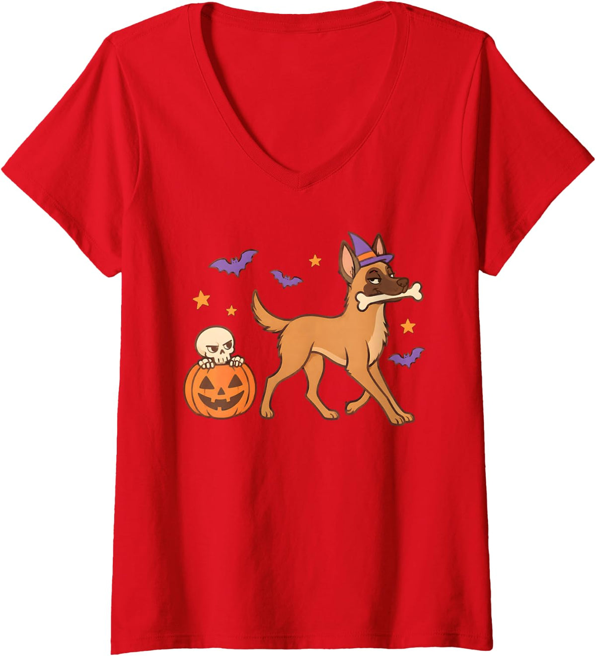 Women's Halloween Belgian Malinois Skeleton V-Neck T-Shirt - Red