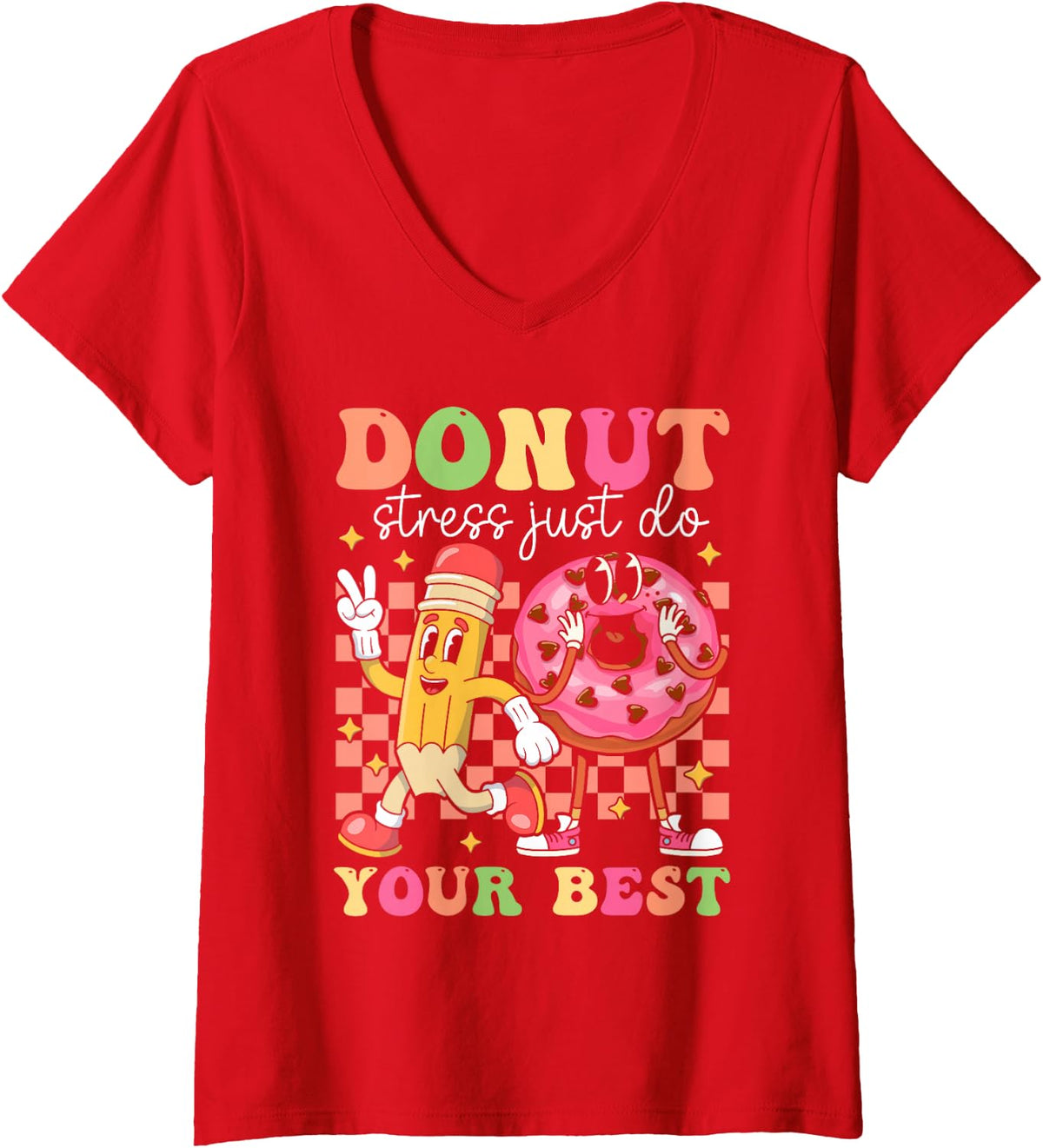 Women's Groovy Donut Stress Just Do Your Best Testing Day Teachers V-Neck T-Shirt - Red