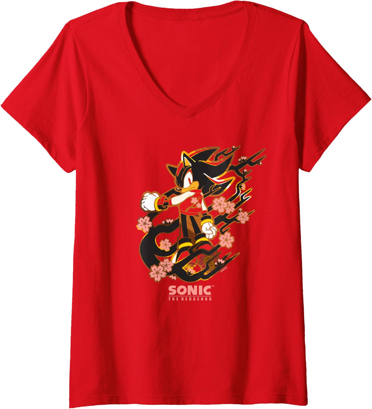 Womens Sonic the Hedgehog - Shadow with Cherry Blossoms V-Neck T-Shirt - Red