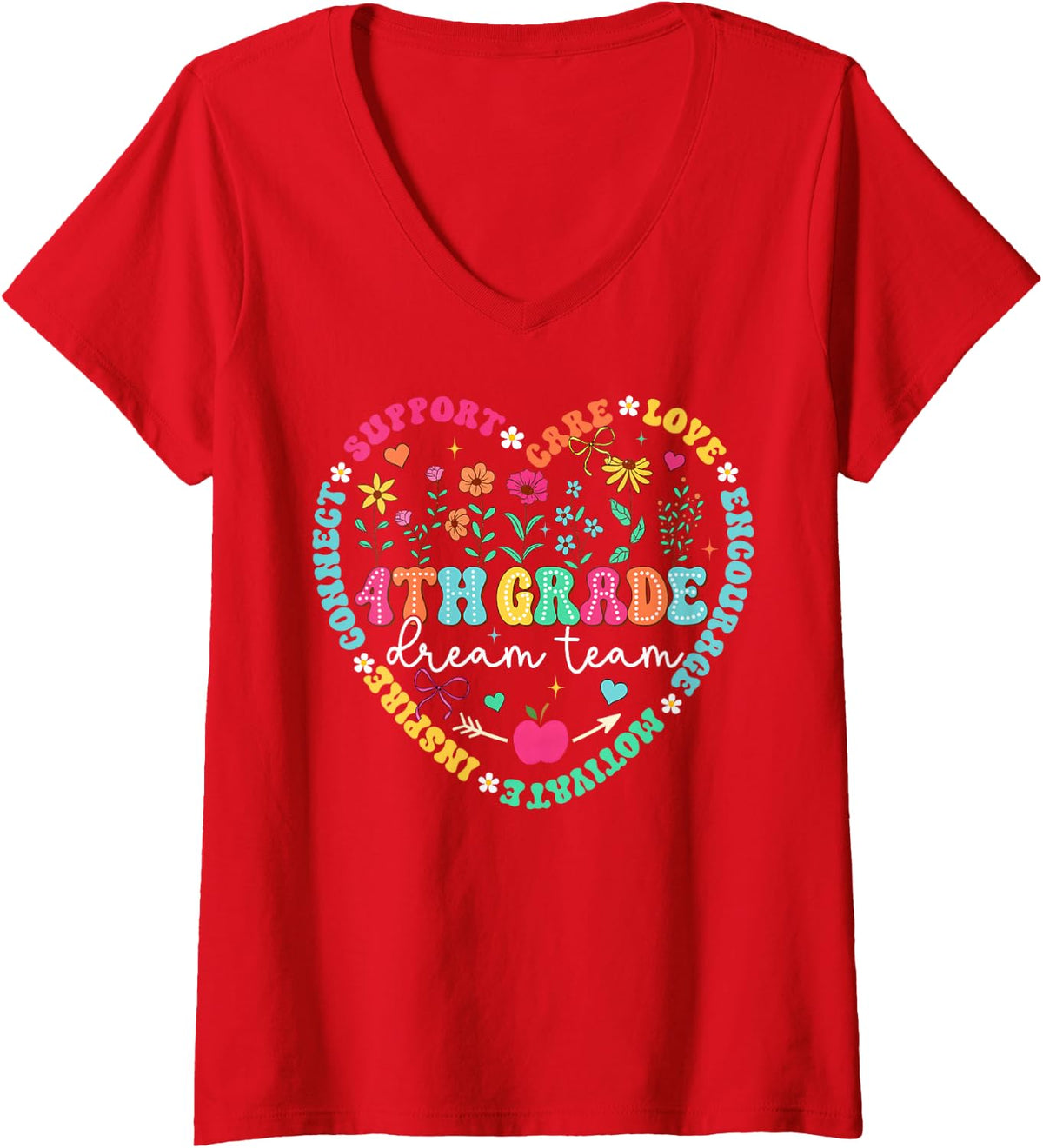 Women's 4th Grade Dream Team Floral Back to School Student Teacher V-Neck T-Shirt - Red