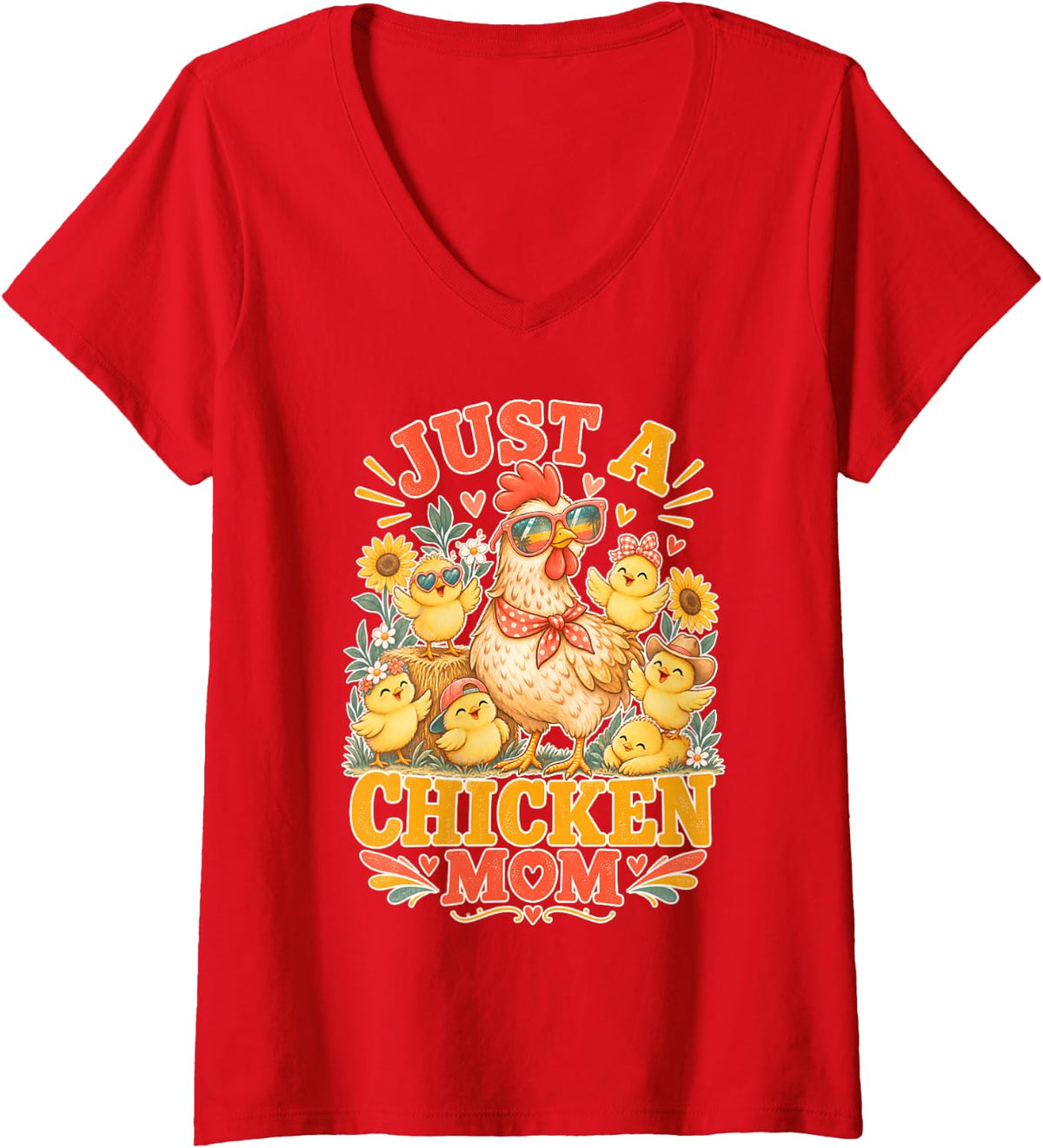 Women's Just a Chicken Mom Backyard Flock Funny Graphic V-Neck T-Shirt - Red