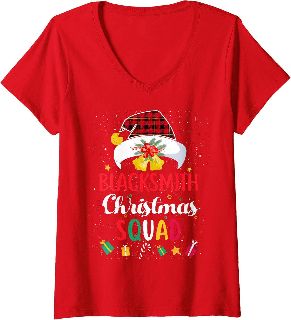 Women's Blacksmith Christmas Squad Santa Hat Ironsmith Match V-Neck T-Shirt - Red