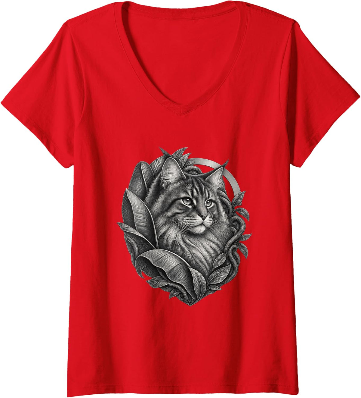 Women's Norwegian Forest Cat with Broad Leaves and Jungle Vines V-Neck T-Shirt - Red