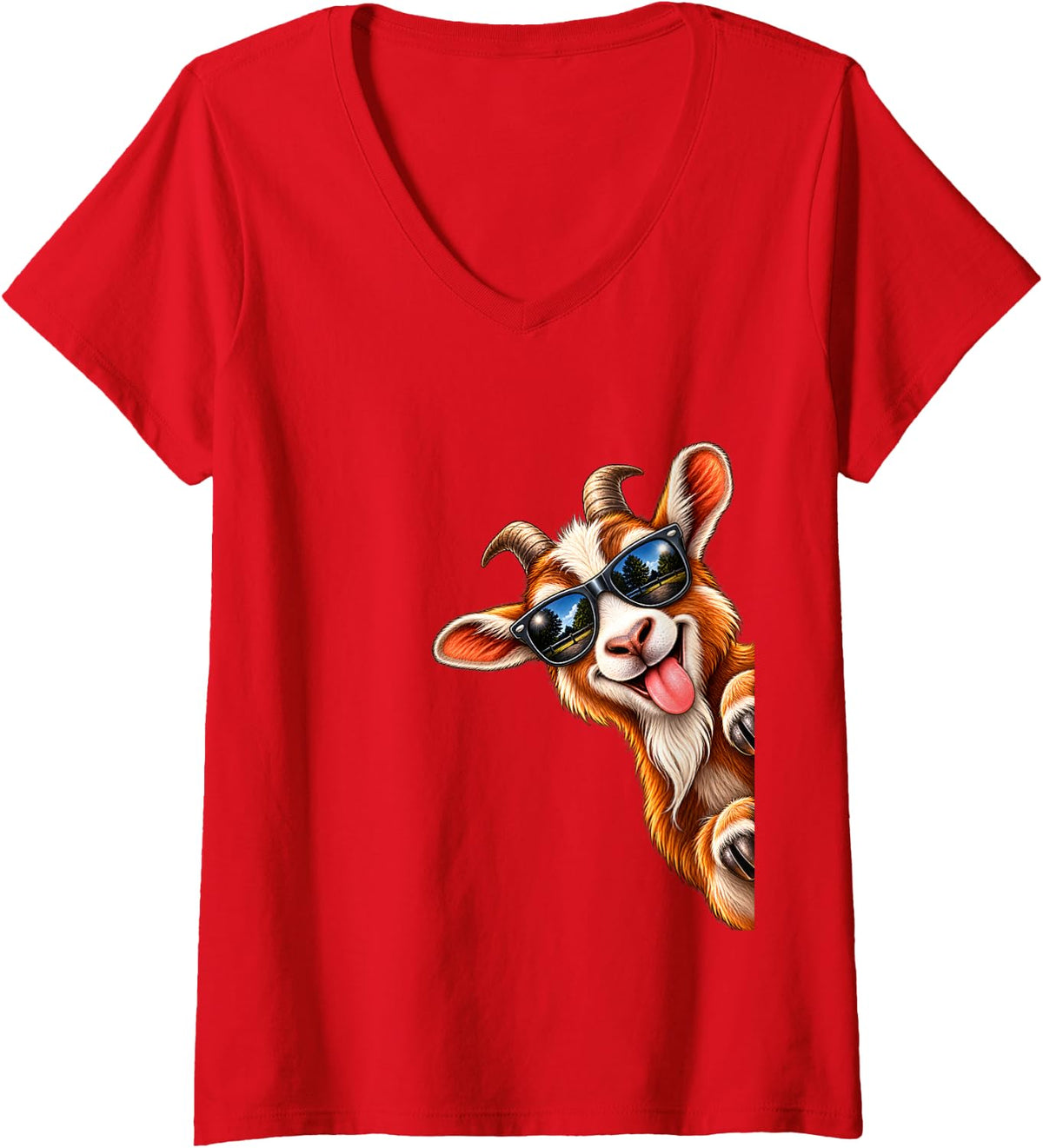 Women's Goat Peeking Farm Animal Farming V-Neck T-Shirt - Red