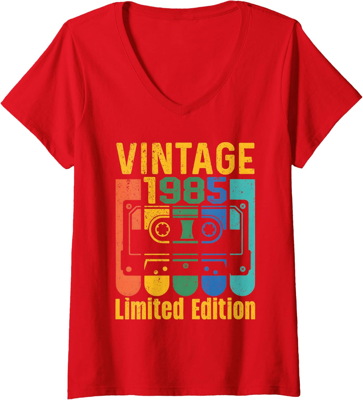 Women's Vintage 1985 Limited Edition Cassette Tape Classic Birthday V-Neck T-Shirt - Red