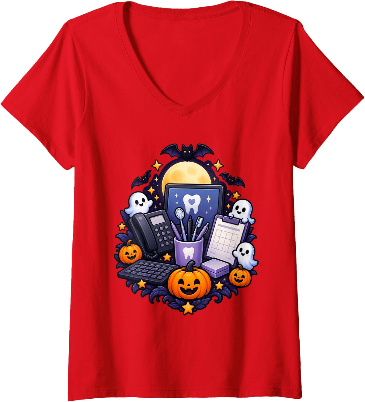 Women's Spooky Dental Office Halloween Dentist Staff V-Neck T-Shirt - Red