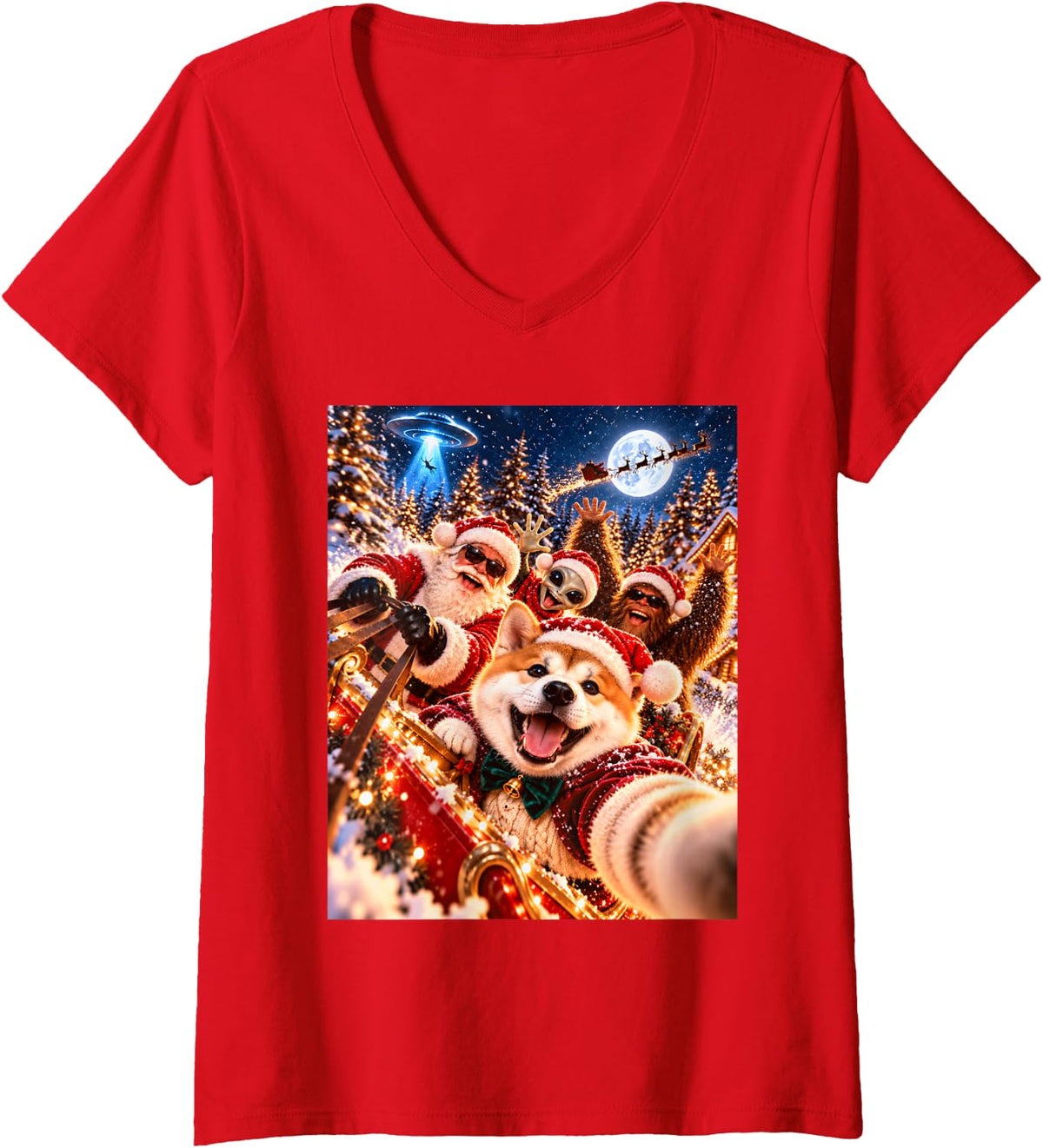 Women's Surprised Akita Santa Christmas Selfie UFO Graphic V-Neck T-Shirt - Red