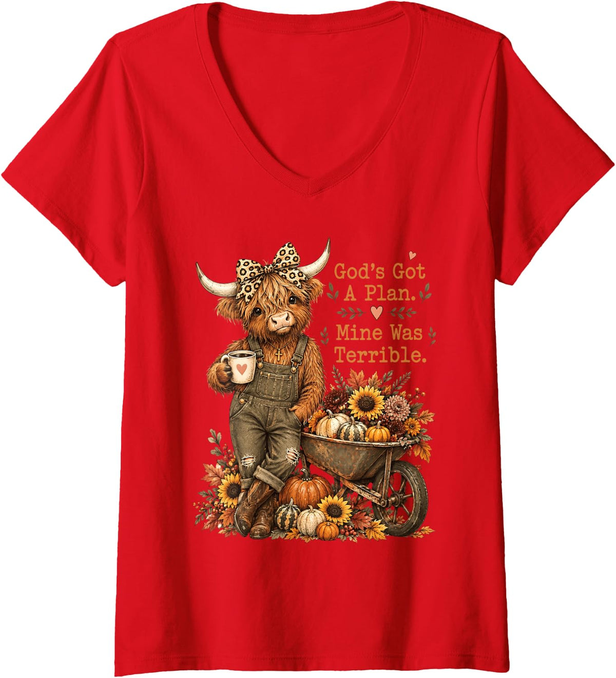 Women's God's Got A Plan Mine was Terrible Christian Highland Cow V-Neck T-Shirt - Red