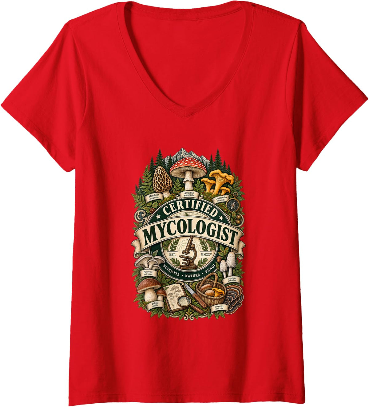 Women's Certified Mycologist Mushroom Chanterelle Mycology Shirt V-Neck T-Shirt - Red
