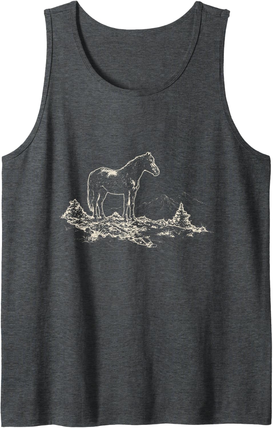 Vintage Wild Mustang Scene Ink Etching Horse Lover Sleeveless Tank Top - Dark Heather Grey