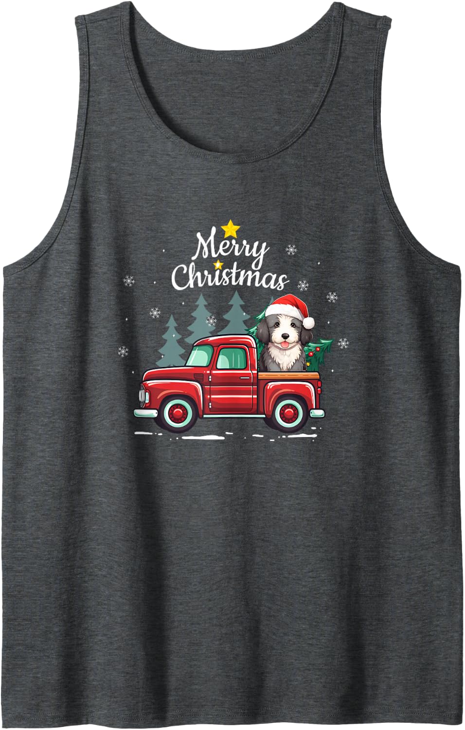 Sheepadoodle Christmas Dog Truck Plaid Funny Xmas Tree Sleeveless Tank Top - Dark Heather Grey