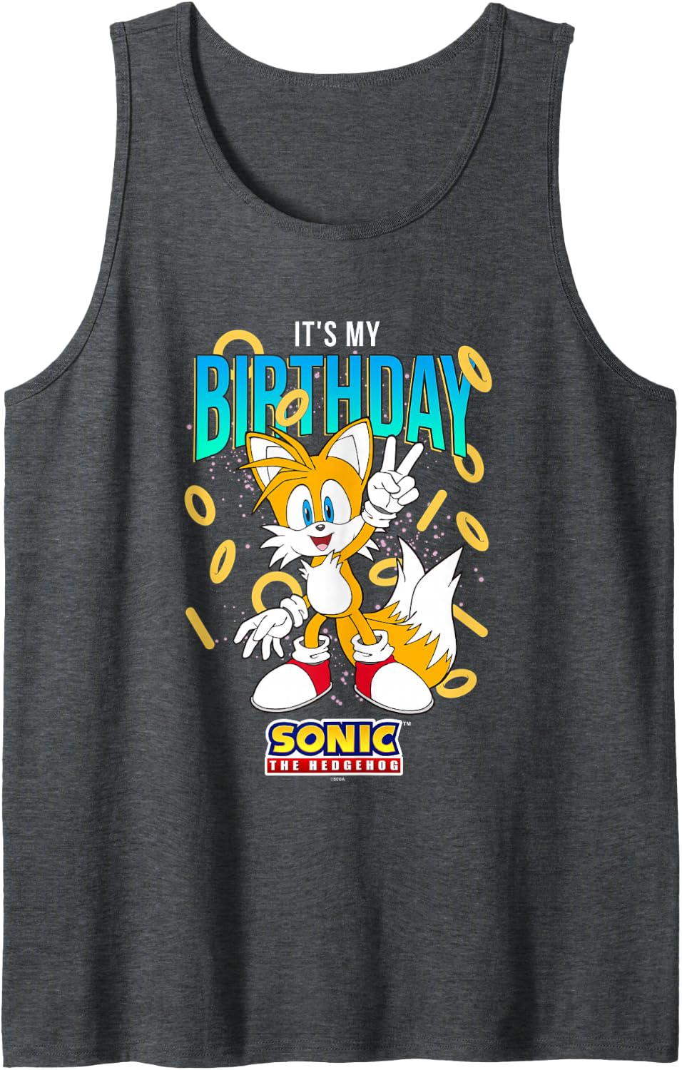 Sonic The Hedgehog Birthday It's My Birthday Tails Rings Tank Top - Dark Heather Grey