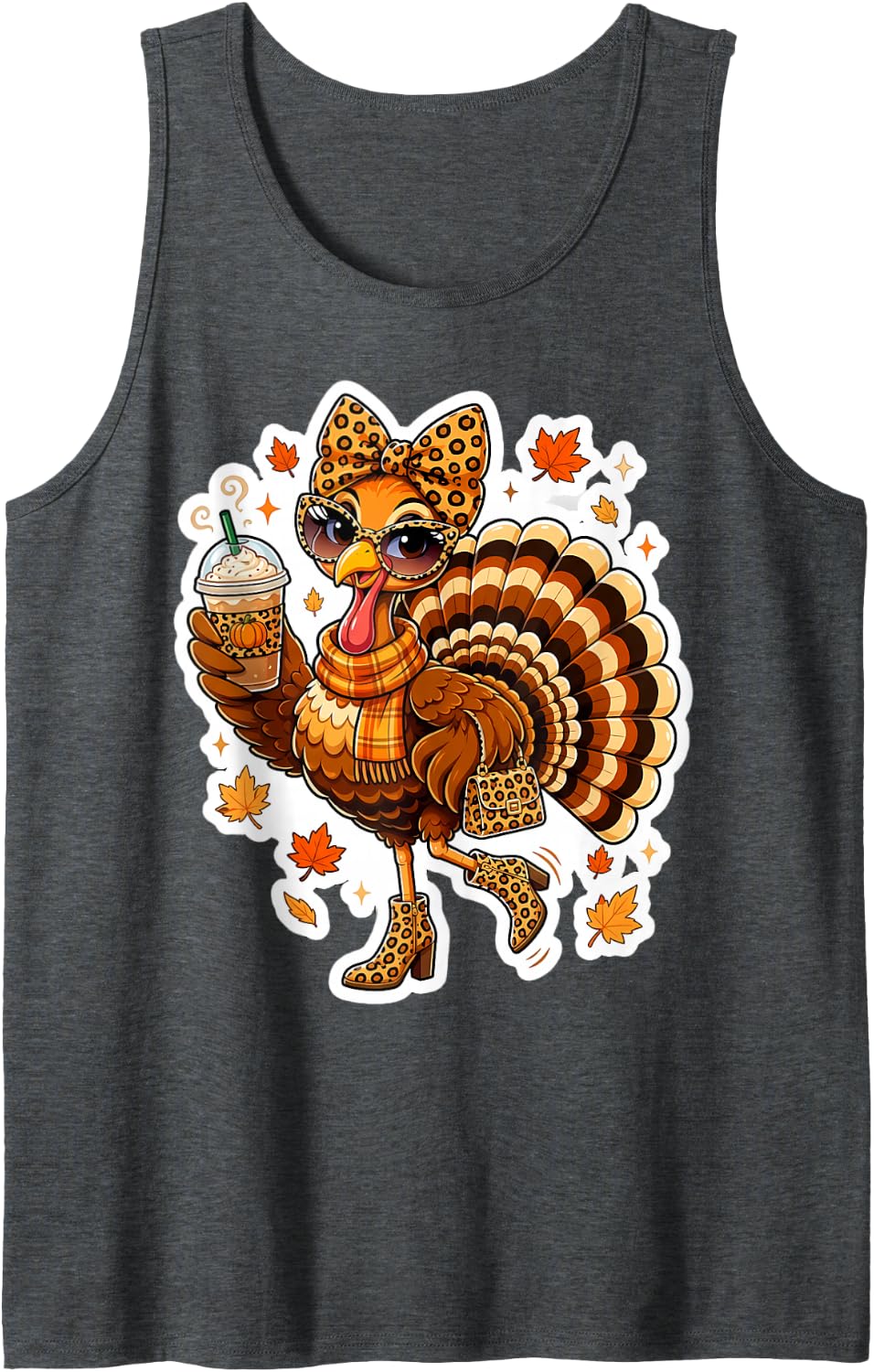 Leopard Turkey Drinking Coffee Women Thanksgiving Fall Cute Sleeveless Tank Top - Dark Heather Grey