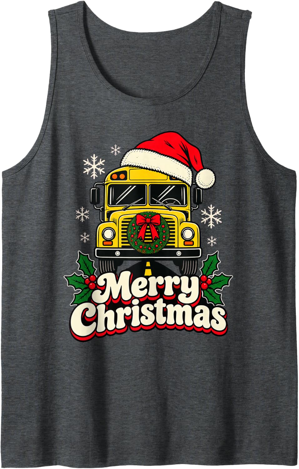 Merry Christmas School Bus Santa Hat Holiday Bus Driver Sleeveless Tank Top - Dark Heather Grey