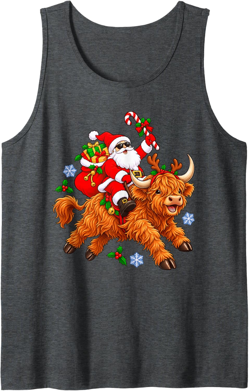 Christmas Santa Happy Highland Cow Holiday Character Graphic Sleeveless Tank Top - Dark Heather Grey