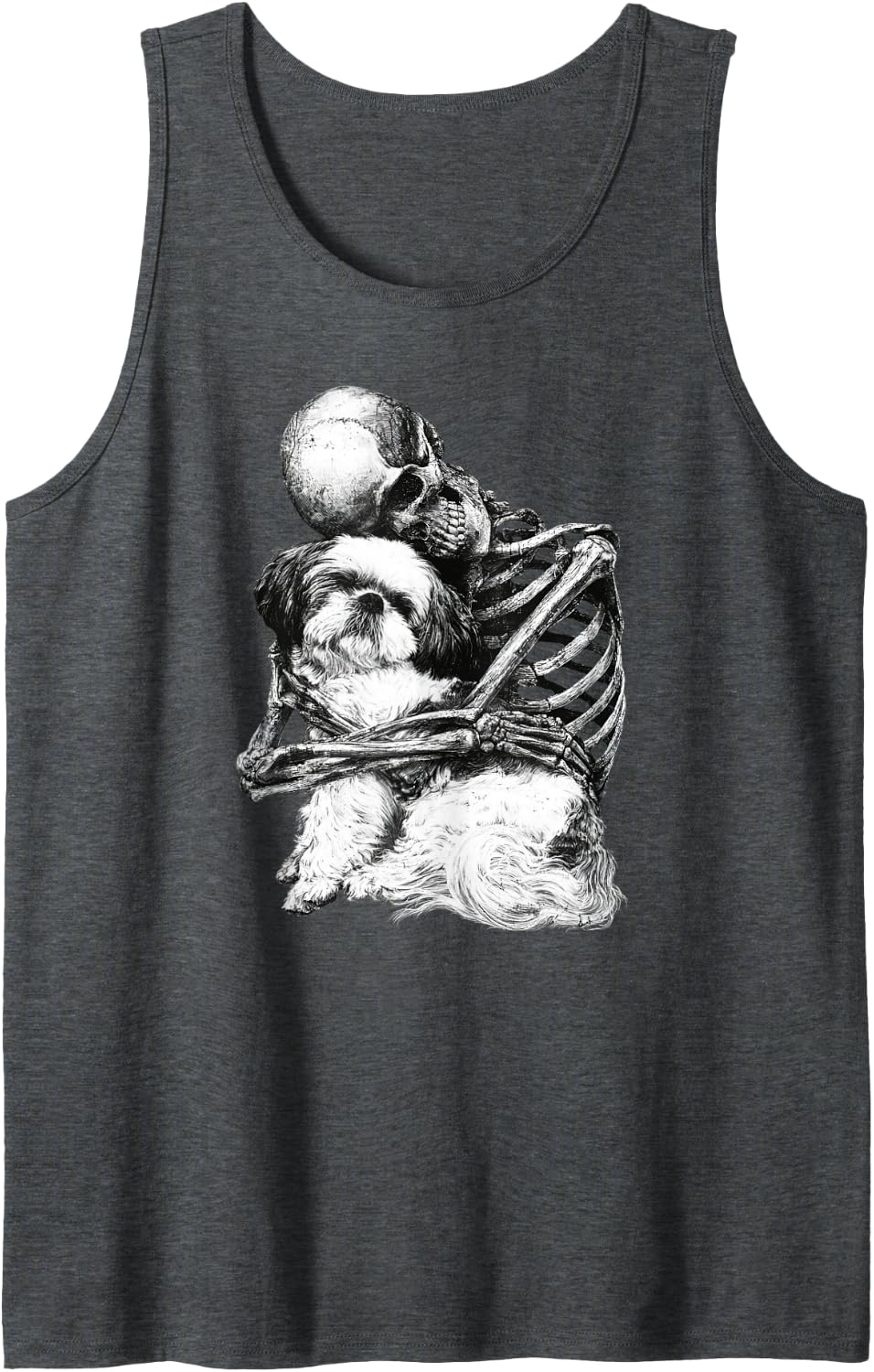 Skeleton Hugging Dog Shih Tzu Funny Halloween Sleeveless Tank Top - Dark Heather Grey