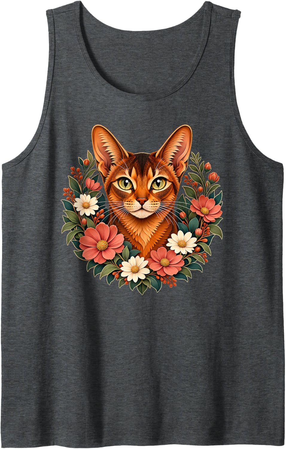 Abyssinian Cat Lady Floral Sleeveless Tank Top - Dark Heather Grey