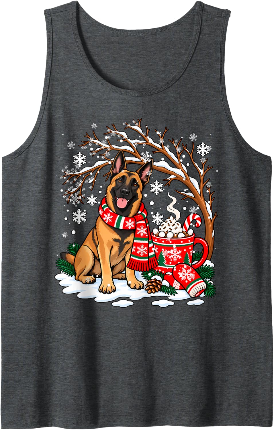 Funny Belgian Malinois Dog Snow Tree Christmas Winter Xmas Sleeveless Tank Top - Dark Heather Grey
