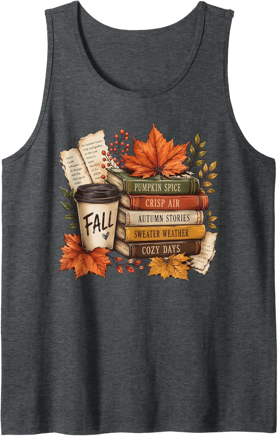 Book Stack Coffee Fall Leaves Bookworm Autumn Fall Vibes Sleeveless Tank Top - Dark Heather Grey