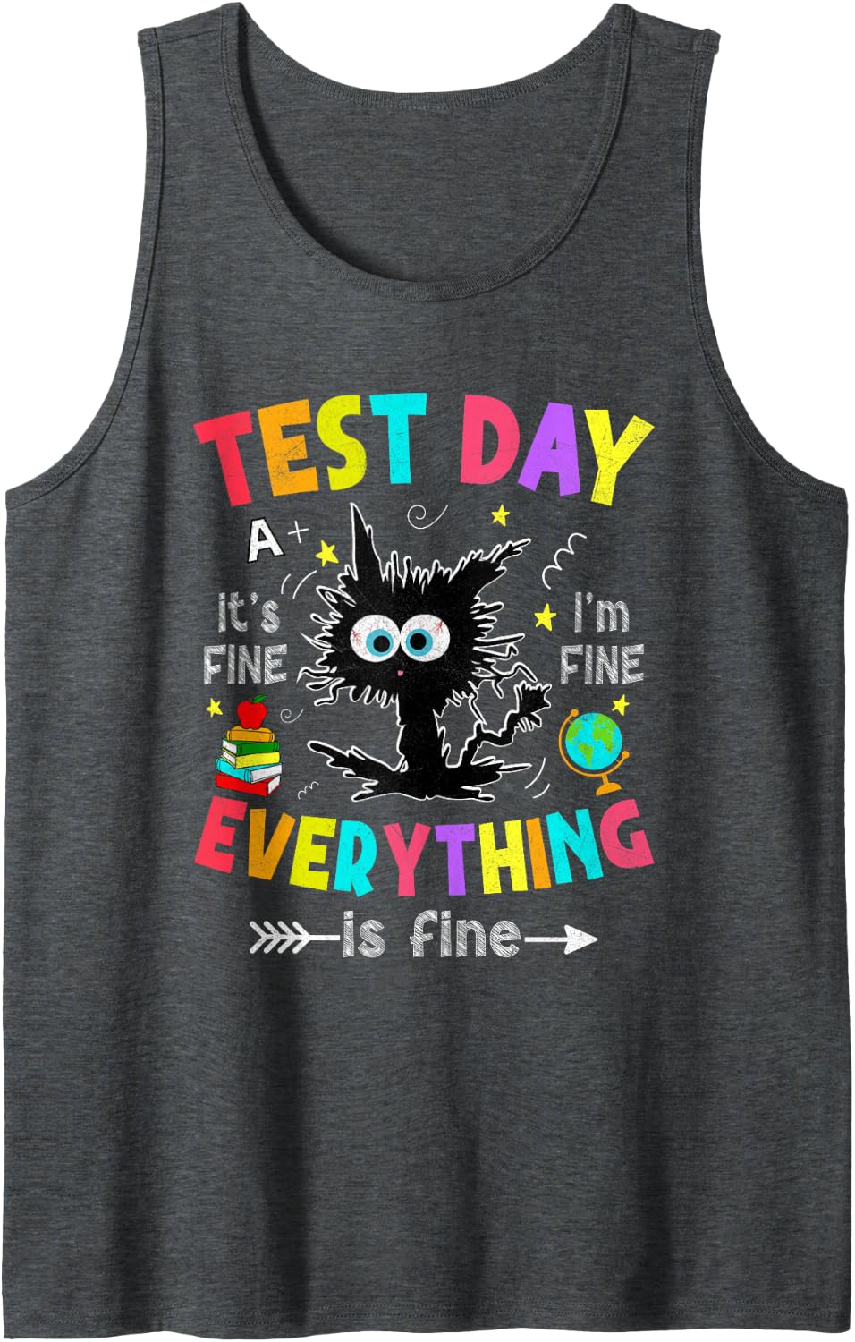 Test Day Funny Stressed Cat Teacher Student Kids Testing Day Sleeveless Tank Top - Dark Heather Grey