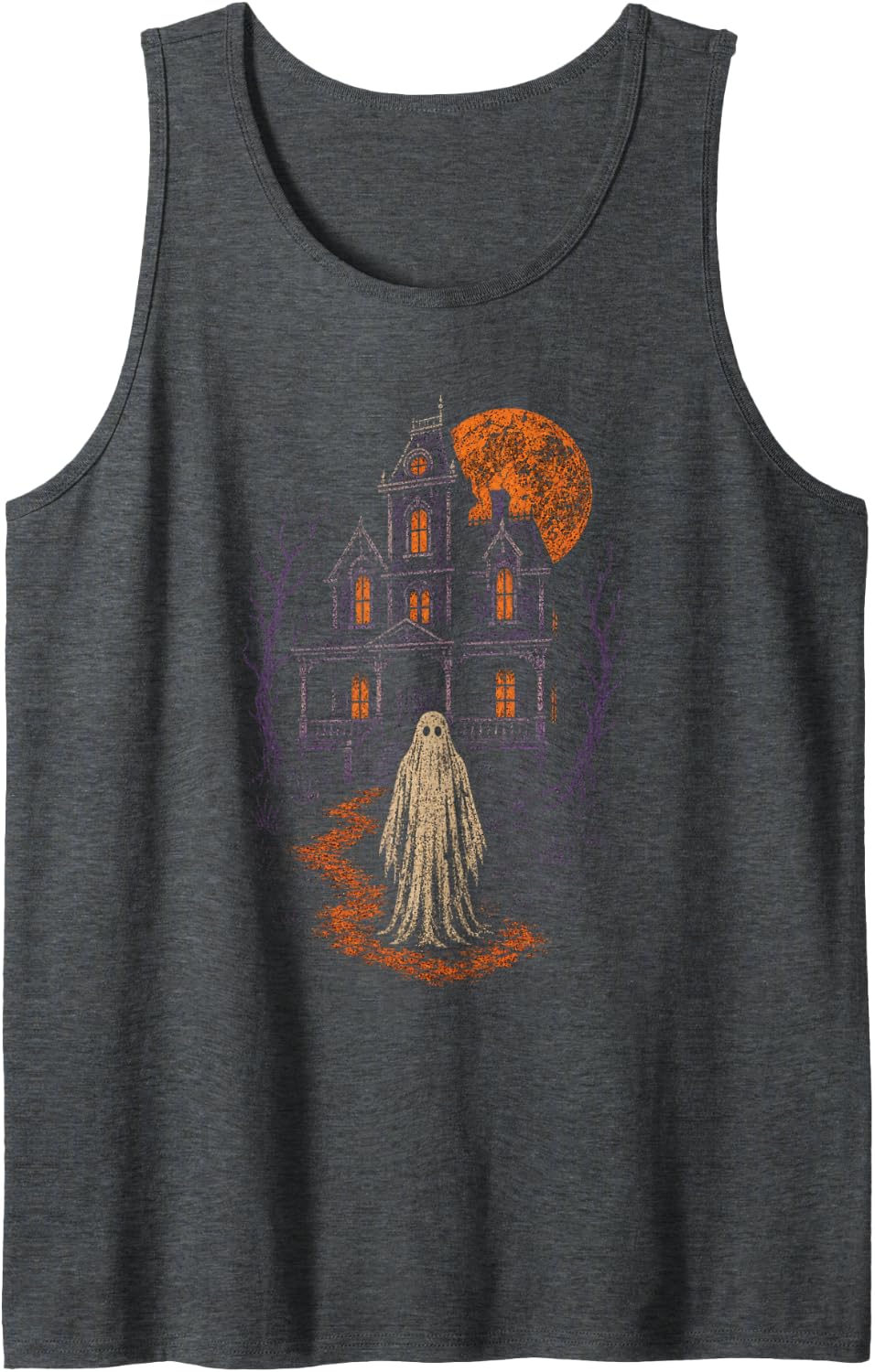 Halloween Haunted House Full Moon Ghost Vintage Mansion Sleeveless Tank Top - Dark Heather Grey