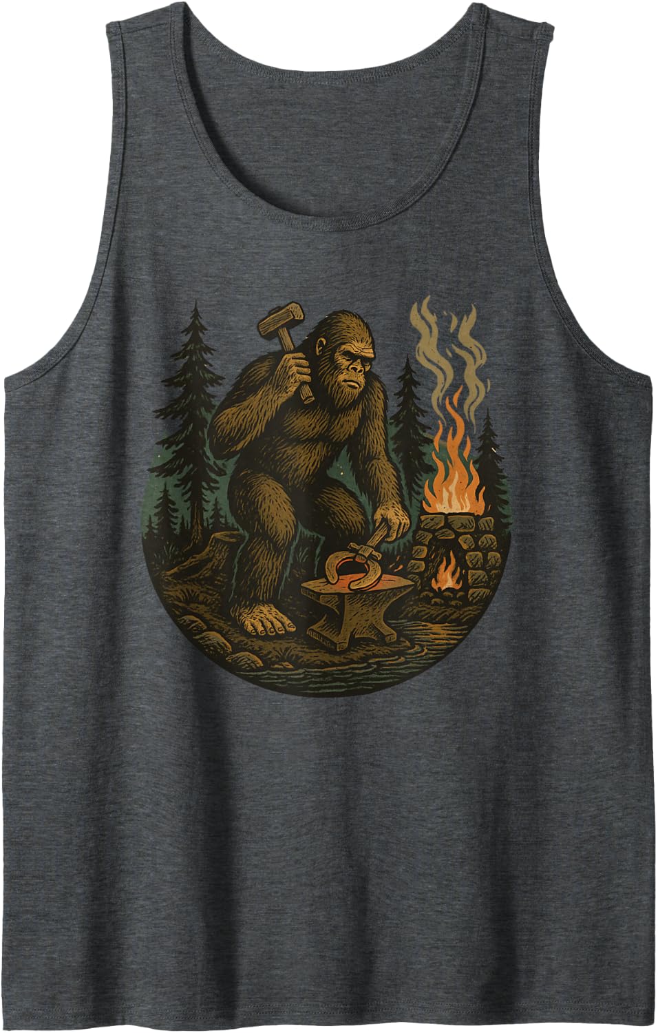 Bigfoot Blacksmith Forging Cryptid Anvil Vintage Sasquatch Sleeveless Tank Top - Dark Heather Grey