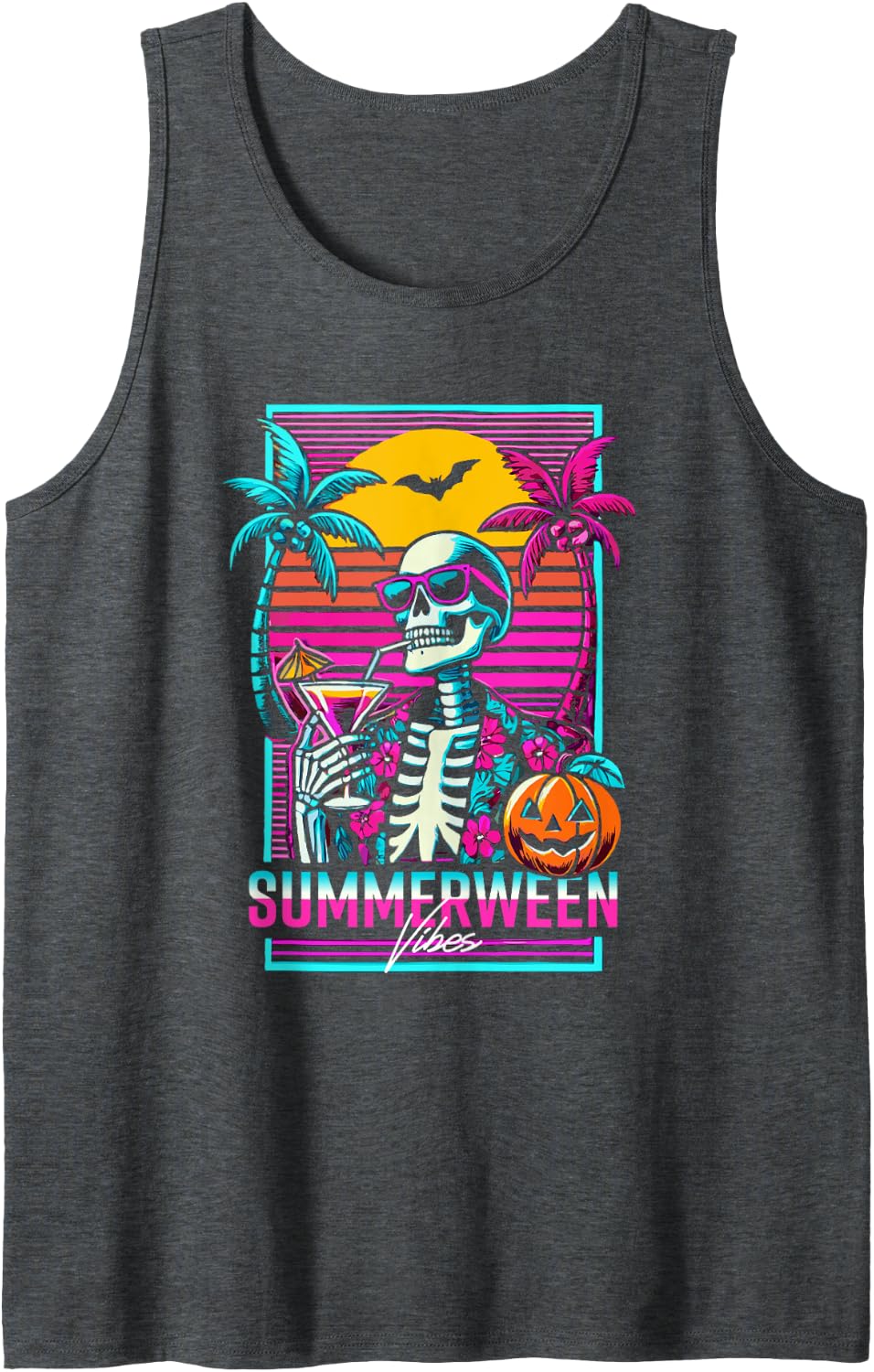 Summerween Vibes Beach Party Skeleton 80s Vaporwave Funny Tank Top - Dark Heather Grey