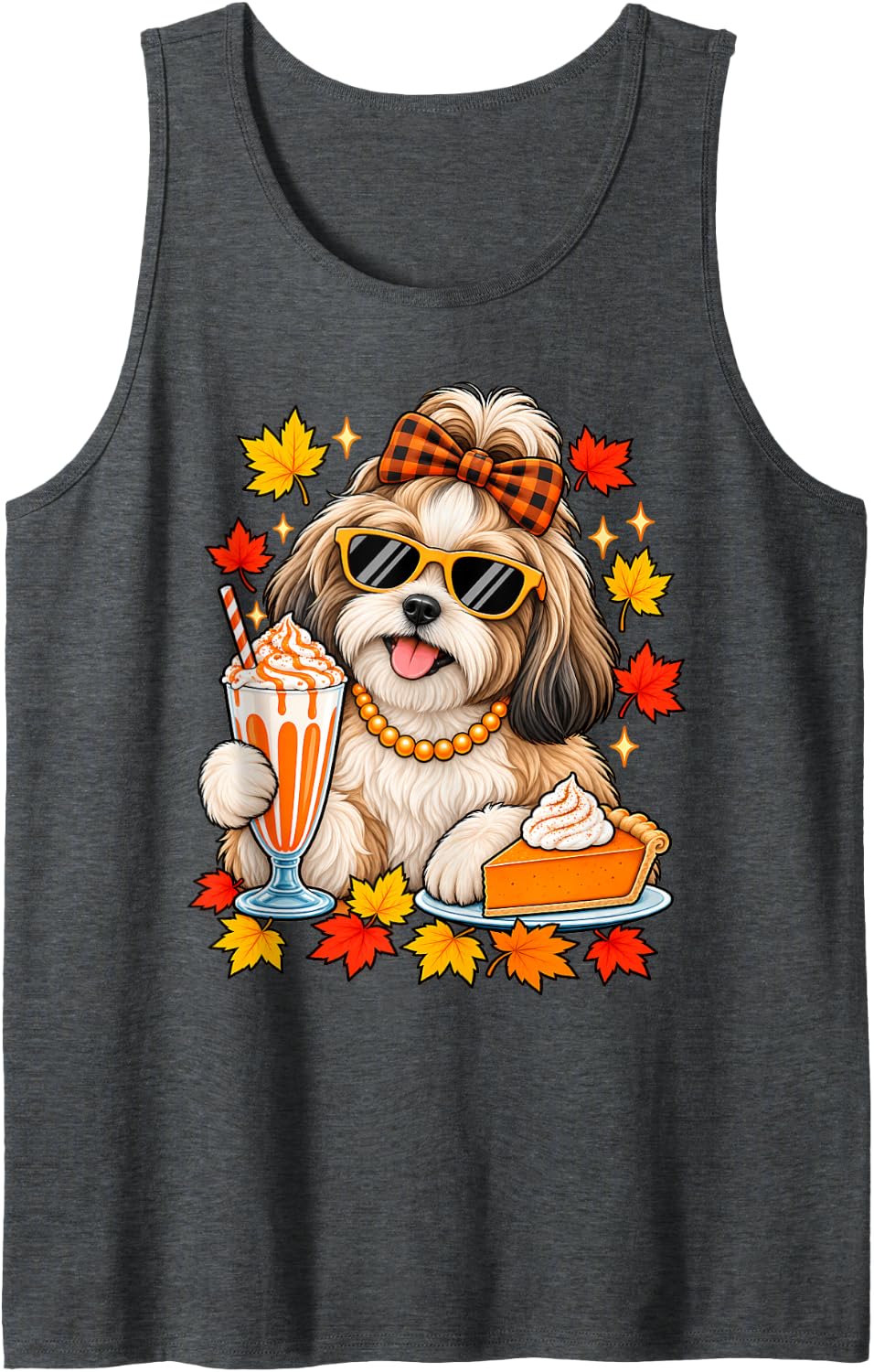Shih Tzu Dog Bow Fall Autumn Leaves Thanksgiving Sleeveless Tank Top - Dark Heather Grey