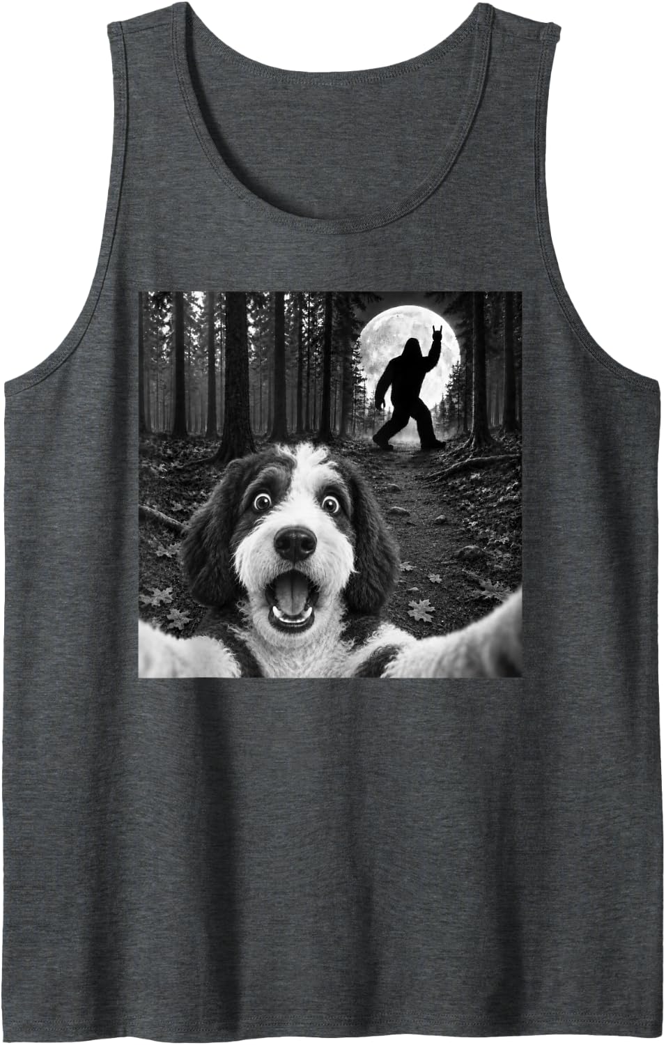 Sheepadoodle Selfie with Bigfoot Rock and Roll Dog Sasquatch Sleeveless Tank Top - Dark Heather Grey