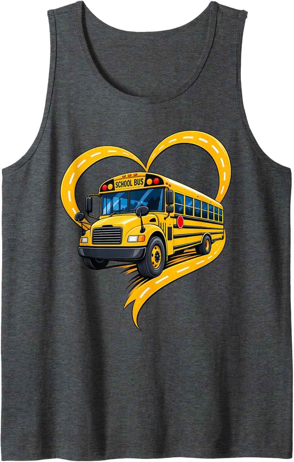 School Bus Heart Shaped Road Sleeveless Tank Top - Dark Heather Grey