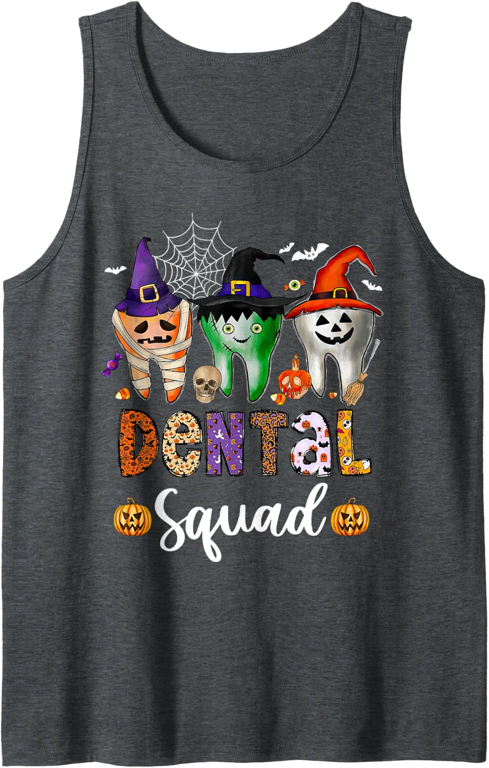 Dental Squad Spooky Teeth Dentist Trick Or Teeth Halloween Sleeveless Tank Top - Dark Heather Grey