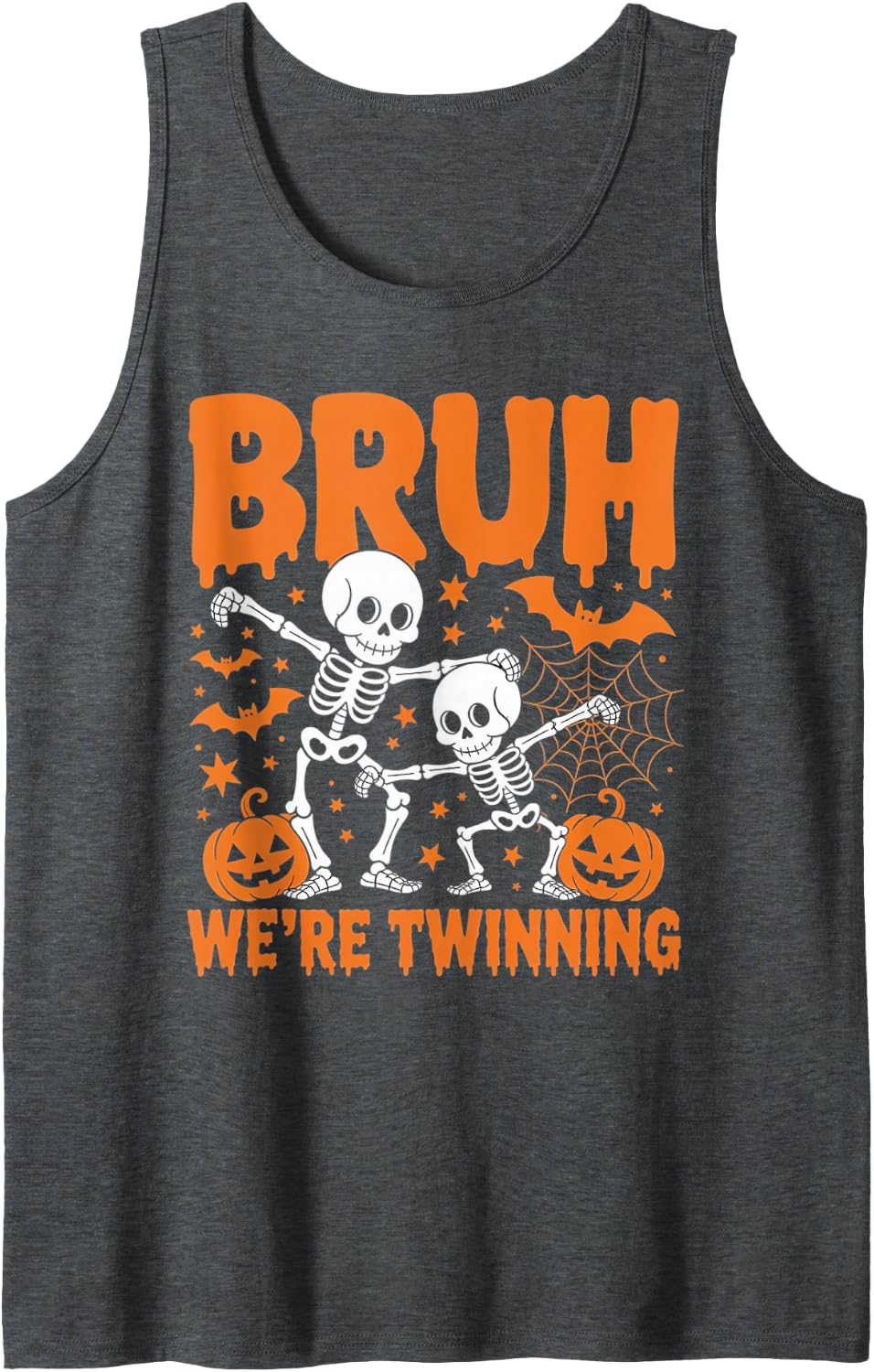 Bruh We're Twinning Retro Twin Day Spirit Week Halloween Sleeveless Tank Top - Dark Heather Grey
