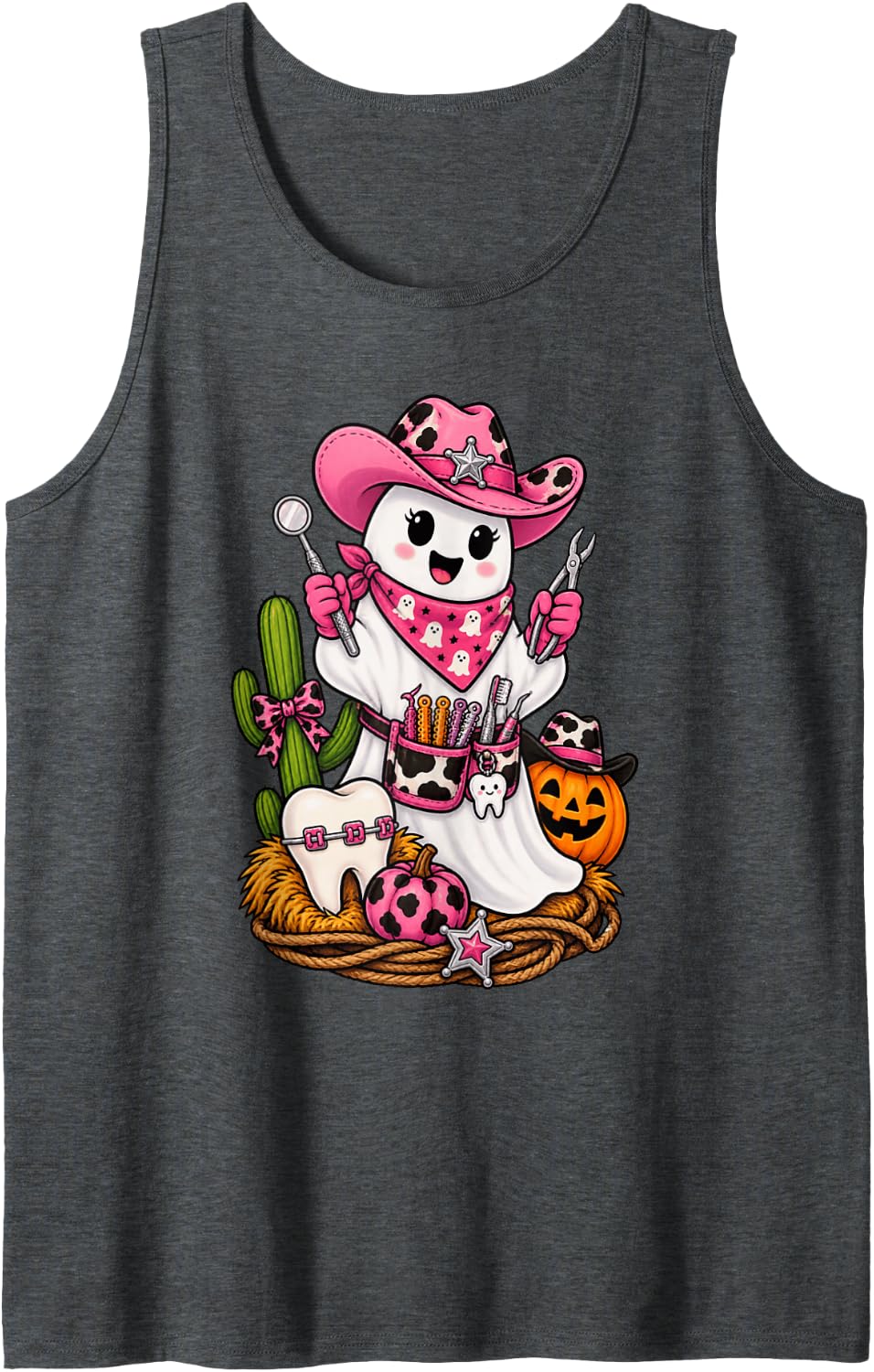 Spooky Dental Ghost Cowgirl Halloween Orthodontist Assistant Sleeveless Tank Top - Dark Heather Grey