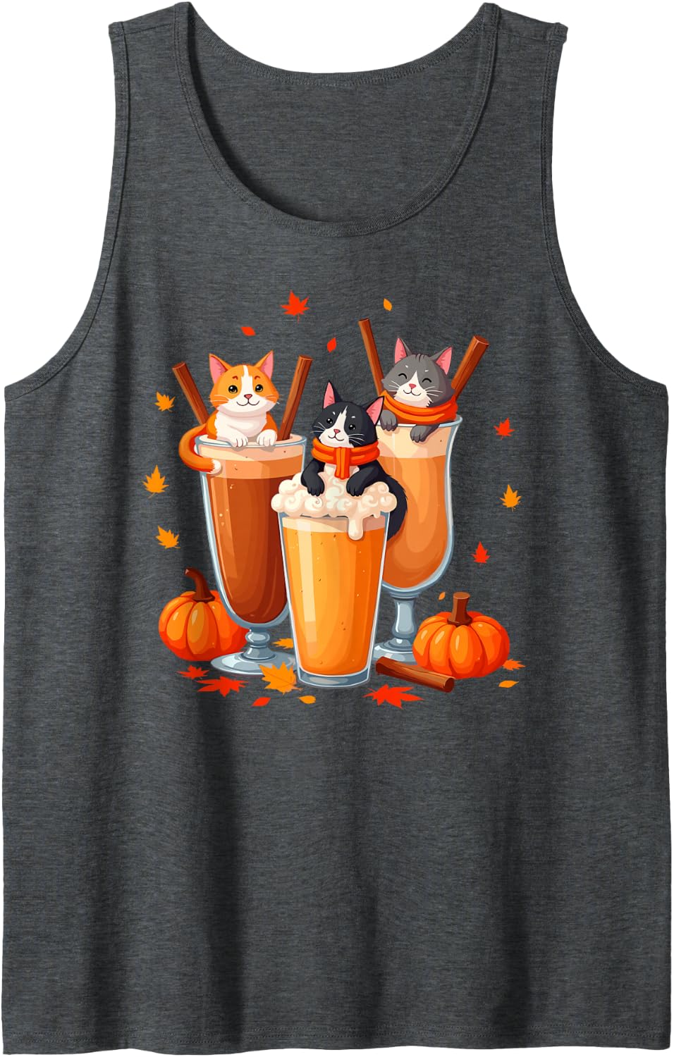 Pumpkin Spice Coffee Cats Kittens Turkey Happy Thanksgiving Sleeveless Tank Top - Dark Heather Grey