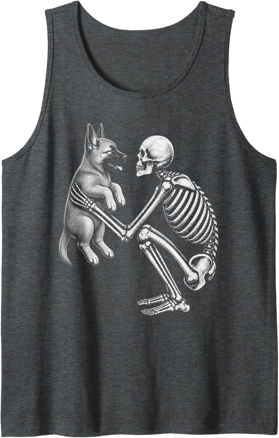 Skeleton Holding Belgian Malinois Retro Halloween Dog Sleeveless Tank Top - Dark Heather Grey