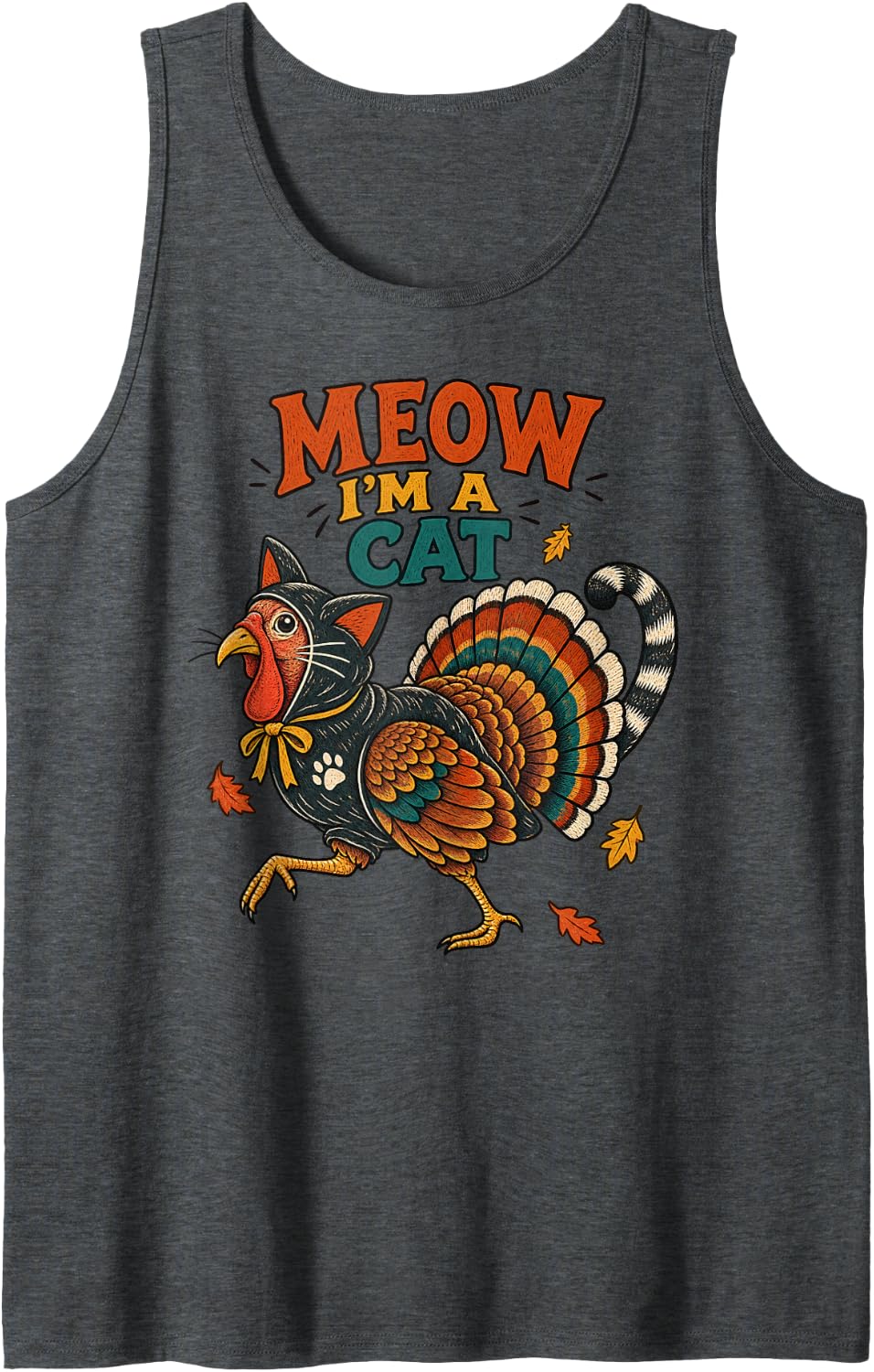 Cat Turkey Meow Thanksgiving Humor Autumn Holiday Seasonal Sleeveless Tank Top - Dark Heather Grey