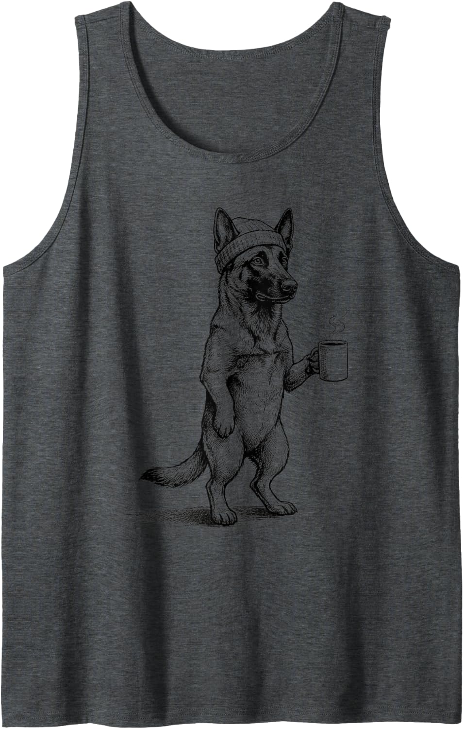Grumpy Belgian Malinois Dog Drinking Coffee Funny Sleeveless Tank Top - Dark Heather Grey