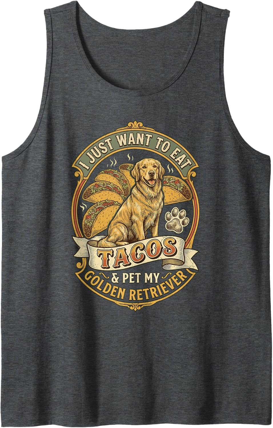 Taco Lover Golden Retriever for Cinco de Mayo Sleeveless Tank Top - Dark Heather Grey