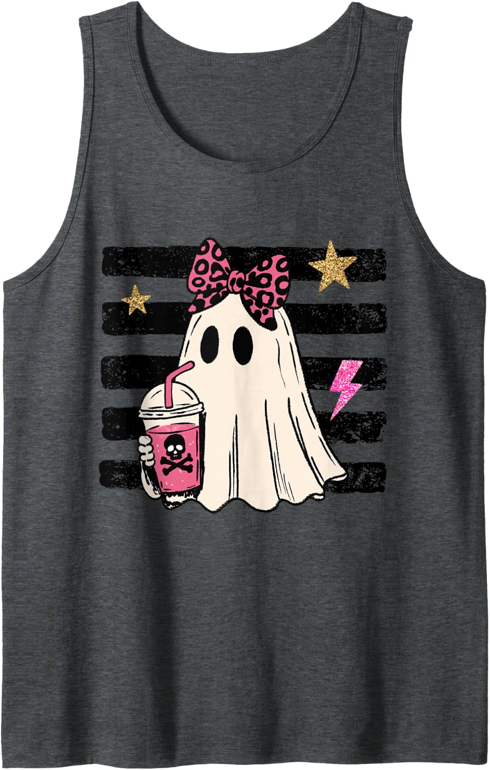 Cute Ghost Pink Leopard Bow Iced Drink Coquette Halloween Sleeveless Tank Top - Dark Heather Grey