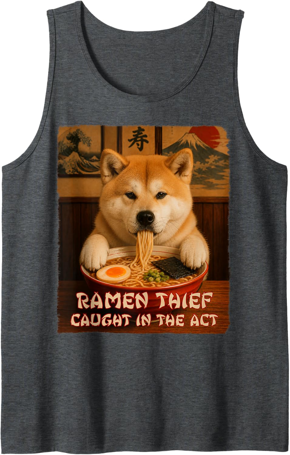 Funny Dog Tee - Akita - Ramen Dog Thief Tank Top - Dark Heather Grey