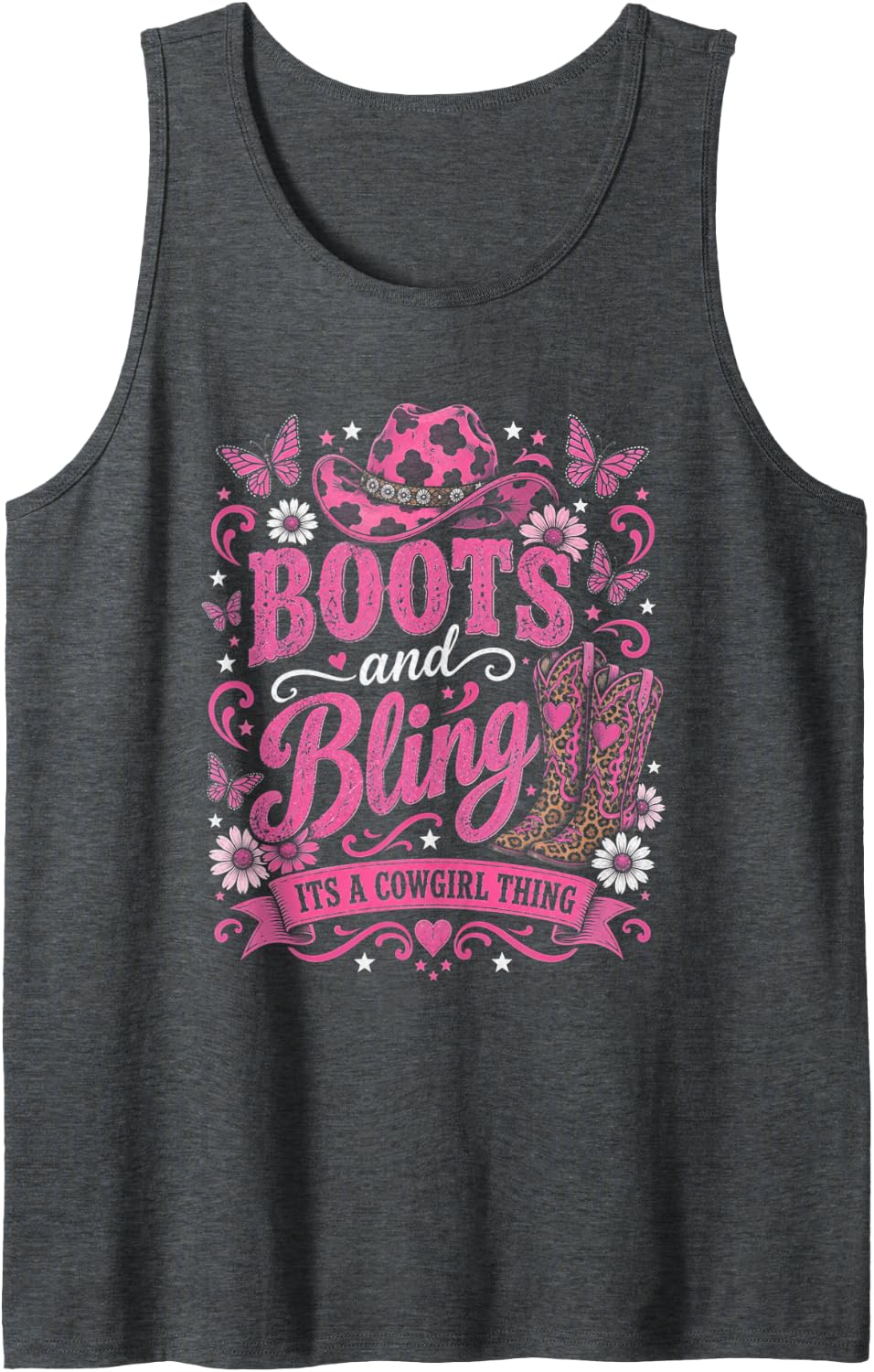 Boots and Bling Cowgirl Thing Pink Western Country Sleeveless Tank Top - Dark Heather Grey