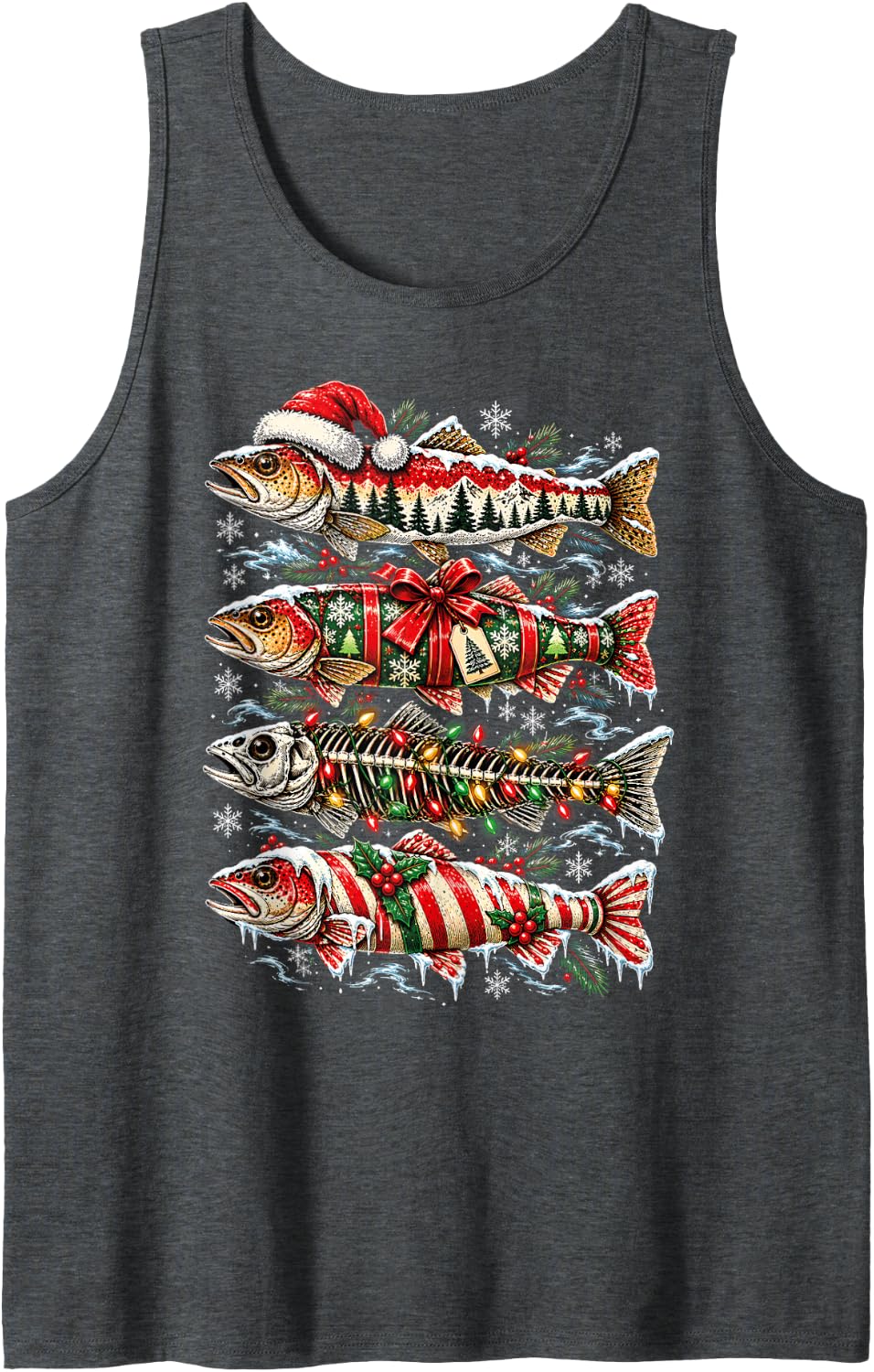 Christmas Trout Fish Candy Cane Skeleton Fishing Merry Xmas Sleeveless Tank Top - Dark Heather Grey