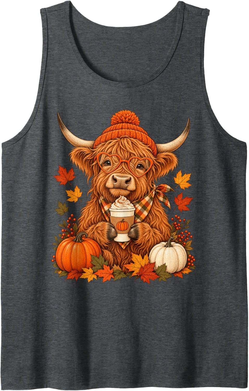 Scottish Highland Cow Fall Autumn Season Pumpkin Spice Sleeveless Tank Top - Dark Heather Grey