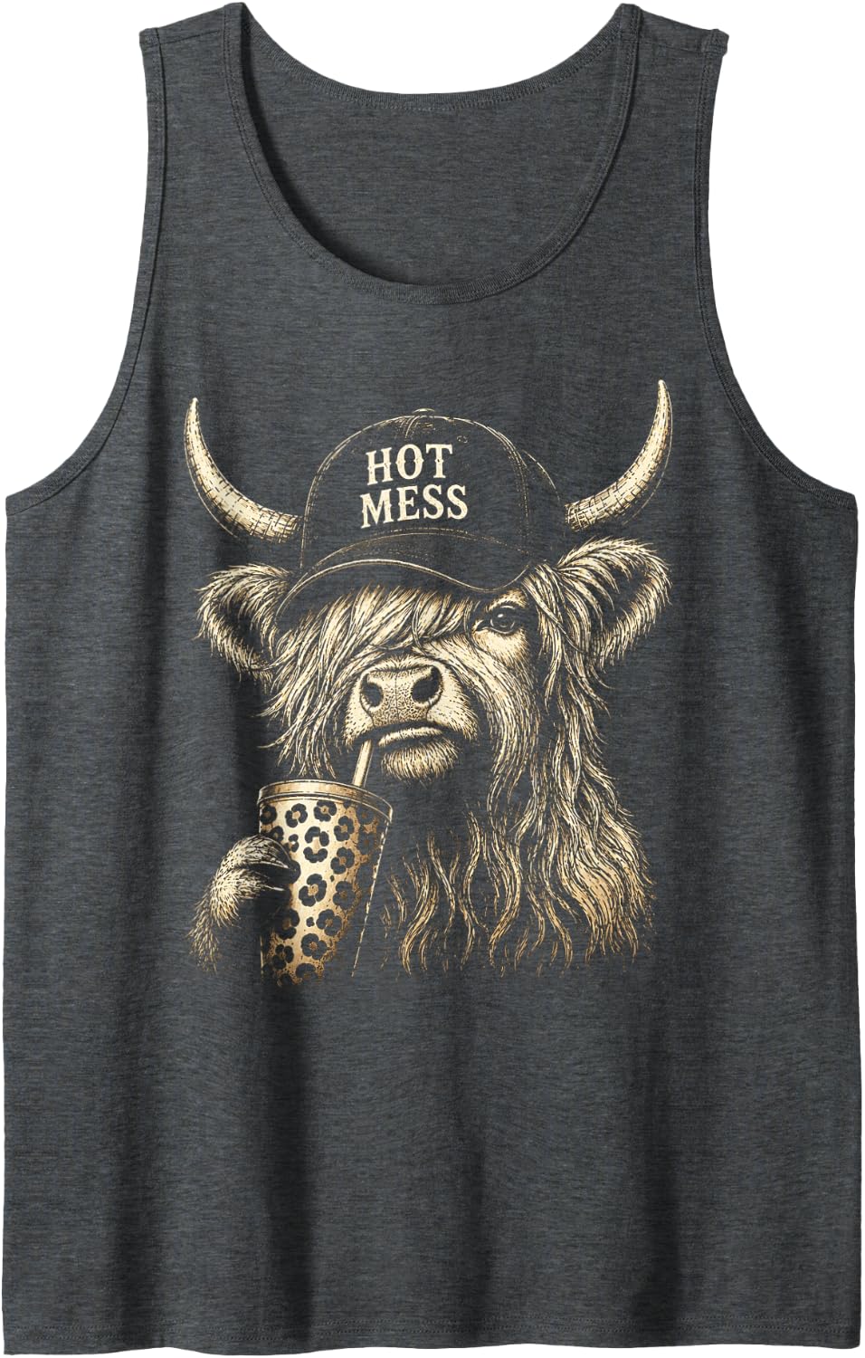 Hot Mess Highland Cow Funny Cute Coffee Lover Graphic Tank Top - Dark Heather Grey